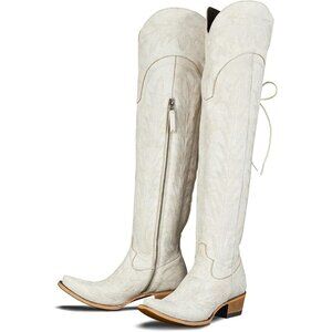Women's White Over the Knee Cowboy Boots Adjustable Thigh High Cowgirl Boots